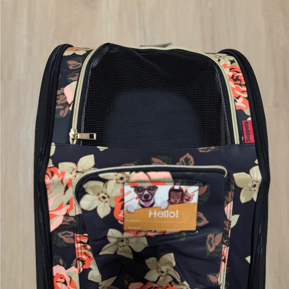 Floral Pet Carrier with Black and Red Accents